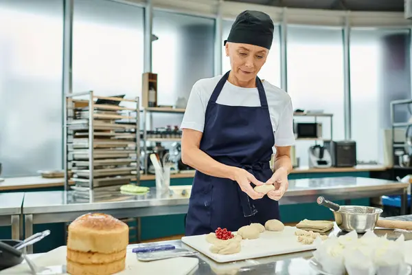 Atractiva mujer madura en delantal azul y toque trabajando con masa en la cocina, confitería - foto de stock
