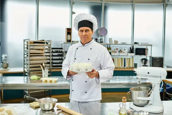 Guapo jefe de cocina en sombrero blanco posando en su cocina y mirando a la cámara, confitería - foto de stock