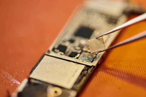 Nahaufnahme von Pinzetten mit elektronischem Chip in der Nähe von Mikroschema in der Werkstatt, Telefon-Reparatur-Geschäft — Stockfoto