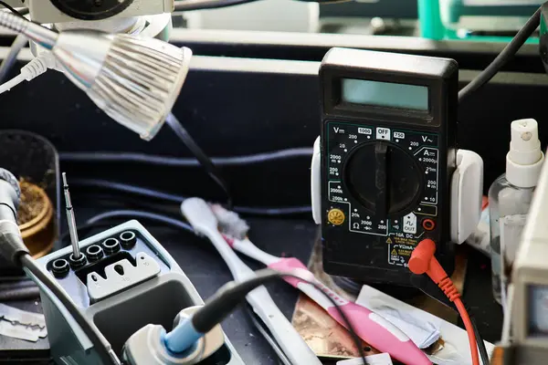 Voltímetro y varios equipos y herramientas en la mesa en taller de reparación, negocio de servicios de mantenimiento - foto de stock