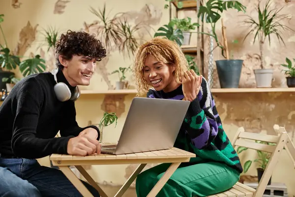 Glückliches und junges gemischtrassiges Paar mit lockigem Haar, das im pflanzengefüllten veganen Café auf den Laptop schaut — Stockfoto