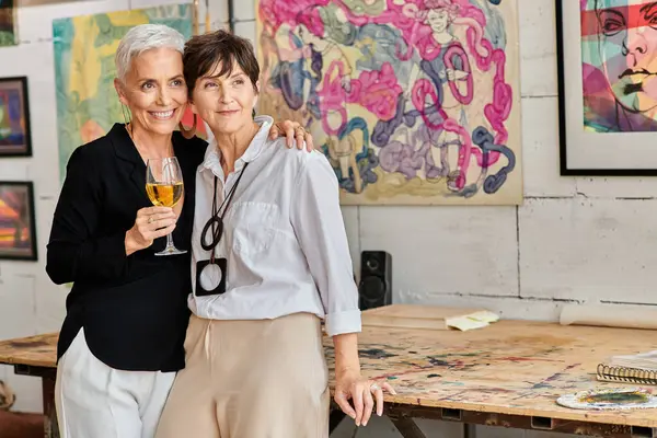 Happy and trendy mature woman with wine glass hugging lesbian partner in modern art studio — Stock Photo