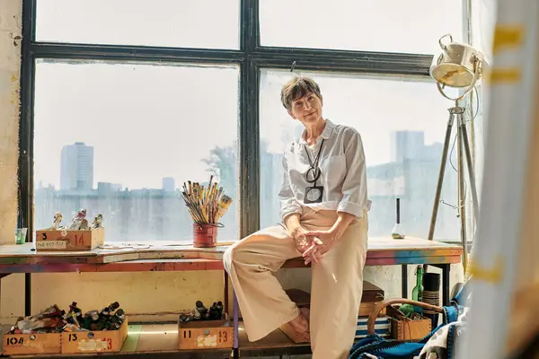 Glückliche reife Künstlerin sitzt am Fenster und blickt in moderne geräumige Werkstatt in die Kamera — Stock Photo