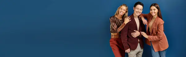 Jolly multicultural stylish teens in trendy attires smiling at camera, friendship day, banner — Stock Photo