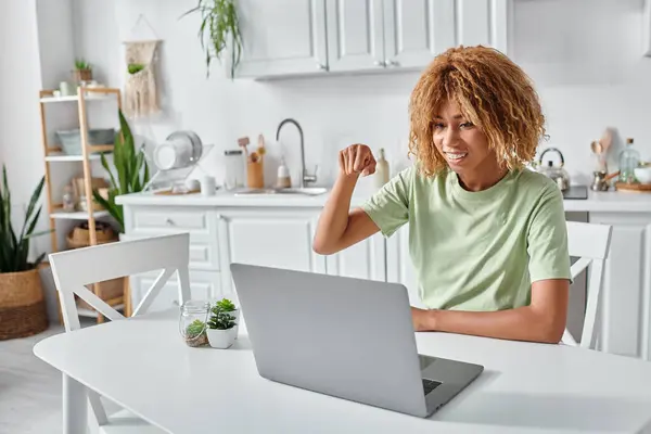 Happy african american woman using sign language during video call, nonverbal communication — Stock Photo