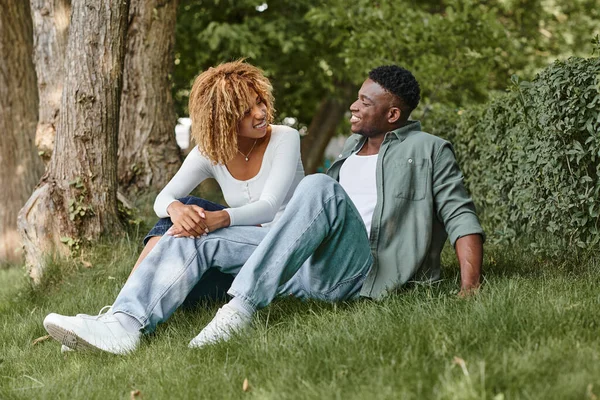 Glückliches afrikanisch-amerikanisches Paar in Freizeitkleidung, das zusammen auf Gras sitzt und im Freien kommuniziert — Stockfoto