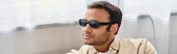 Handsome indian man with visual impairment in everyday comfy outfit wearing glasses, banner — Stock Photo