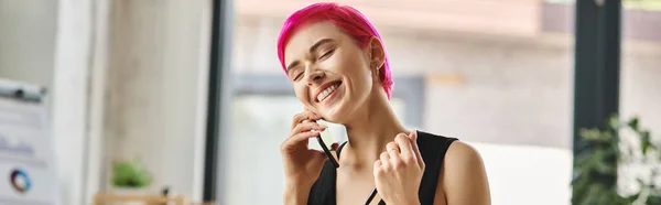 Cheerful female worker talking by phone and smiling with closed eyes, business concept, banner — Stock Photo