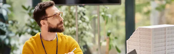 Concentrated man in casual yellow turtleneck working on his startup while in office, banner — Stock Photo
