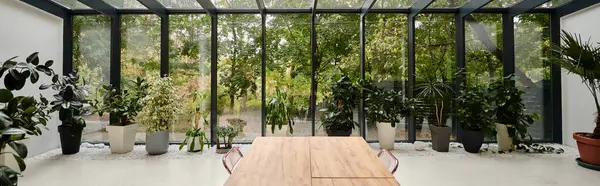 Foto interior da moderna sala de reuniões elegante com mesa de escritório e plantas verdes em vasos, banner — Fotografia de Stock