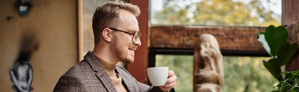 Jolly sophisticated business leader with glasses in elegant suit drinking his hot coffee, banner — Stock Photo
