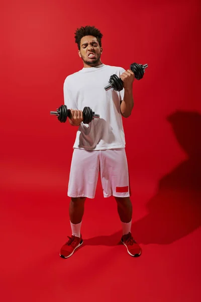 Deportista afroamericano rizado haciendo ejercicio con pesadas mancuernas sobre fondo rojo, mueca - foto de stock