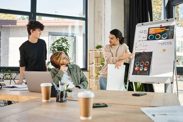 Jovens empreendedores em seus 20 anos brainstorming e análise de gráficos para estratégia de negócios, startup — Fotografia de Stock