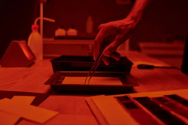 Обрезанный вид фотографа деликатно обрабатывающего пленку пинцетом под красным светом в темной комнате — стоковое фото