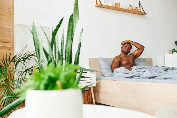 Musclé bel homme afro-américain assis sur le lit dans une chambre spacieuse avec des plantes vertes en pot — Photo de stock