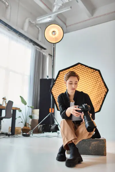 Young beautiful woman with short hair in casual attire looking at photos on her camera in studio — Stock Photo