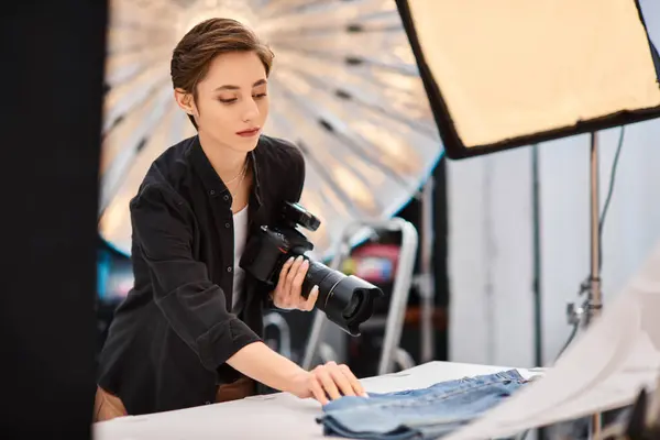 Fotógrafa feminina de cabelos curtos segurando câmera e se preparando para tirar fotos em seu estúdio — Fotografia de Stock