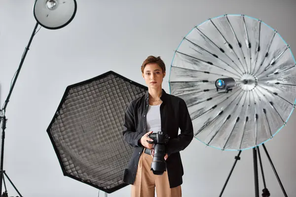 Young good looking female photographer in casual attire looking at camera while at her studio — Stock Photo
