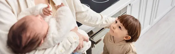 Caring merry mother spending time with her toddler and newborn sons during breakfast, banner — Stock Photo