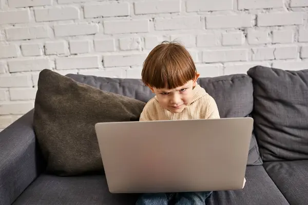 Concentrated adorable cute toddler boy in cozy homewear sitting on couch and looking at laptop — Stock Photo