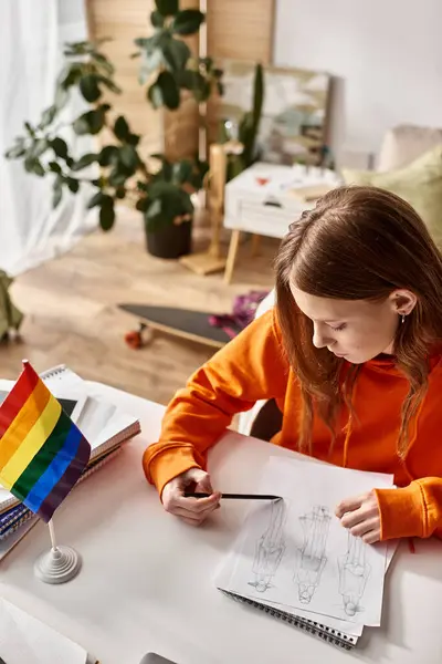 Overhead-Ansicht der nachdenklichen Teenager-Mädchen Zeichnung einer Skizze, in kreativen Prozess mit Stolz Flagge eingetaucht — Stockfoto