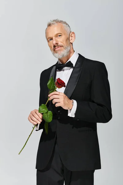Привабливий модний зрілий чоловік з бородою в смокінгу тримає червону троянду і дивиться на камеру — стокове фото