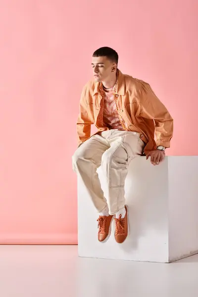 Uomo alla moda in camicia beige, pantaloni e scarpe da ginnastica seduti su cubo bianco su sfondo rosa — Foto stock