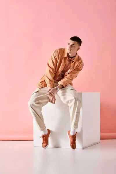 Handsome man in beige outfit with crossed arms and sitting on white cube on pink background — Stock Photo