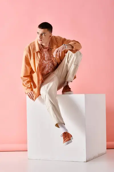 Fashionable man in trendy outfit looking down and sitting on white cube on pink background — Stock Photo
