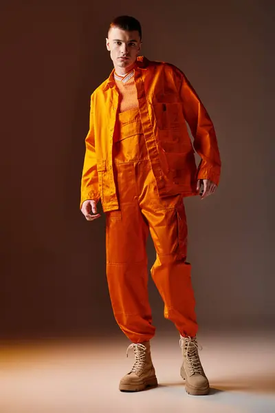 Ritratto a figura intera di uomo alla moda in tuta arancione e giacca in posa su sfondo marrone — Foto stock