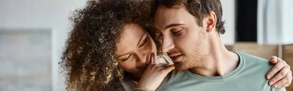 Romantic young couple hugging with affection, caring and enjoying quality time at home, banner — Stock Photo