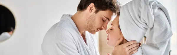 Morning couple in love in bathroom. Partners hugging each other and having loving moment, banner — Stock Photo