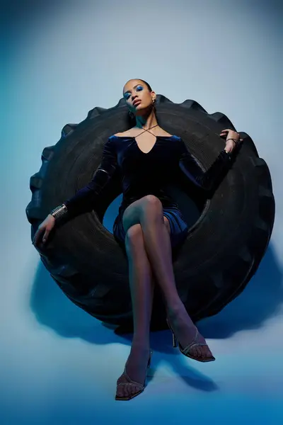 Ein junges afroamerikanisches Model in einem schwarzen Kleid sitzt auf einem riesigen Reifen. — Stockfoto