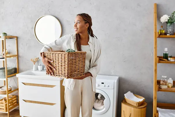 An African American woman with afro braids holds a basket in a room, preparing to do laundry. — Stock Photo