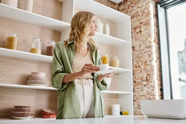 Une femme debout dans une cuisine, tenant une assiette. — Photo de stock