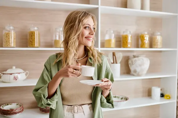 A woman stands in front of a shelf, holding a cup and saucer in a kitchen setting. — Stock Photo