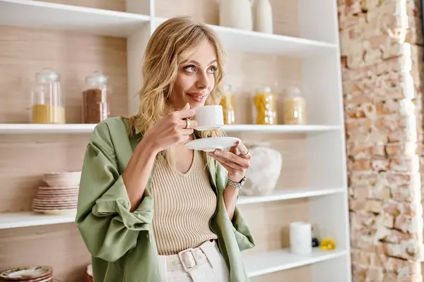 A woman holding a cup of coffee in her hands in a kitchen setting. — Stock Photo