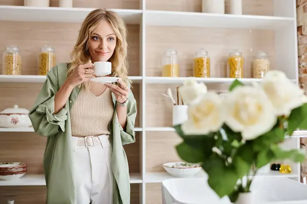 Woman standing in front of kitchen shelf, holding a cup. — Stock Photo