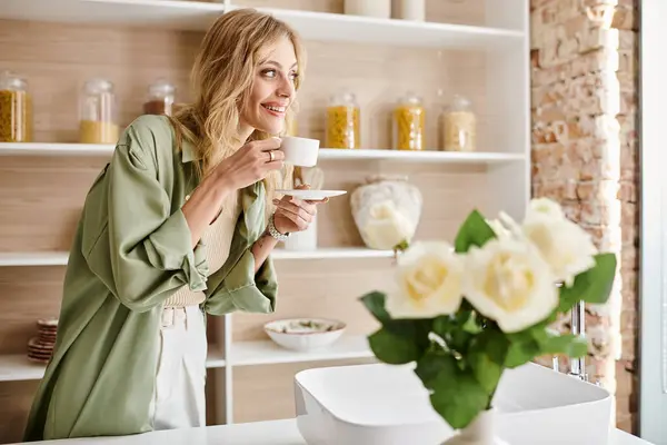 Woman enjoying coffee in kitchen at home. — Stock Photo
