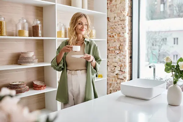 Mulher de pé na cozinha apartamento segurando uma xícara. — Fotografia de Stock