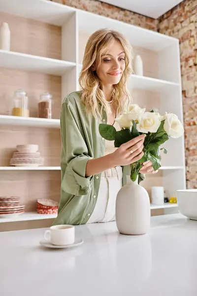A woman carefully places flowers into a vase on a kitchen table in an apartment. — Stock Photo