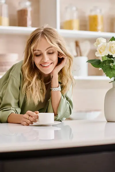 Жінка сидить за кухонним столом з чашкою кави. — стокове фото