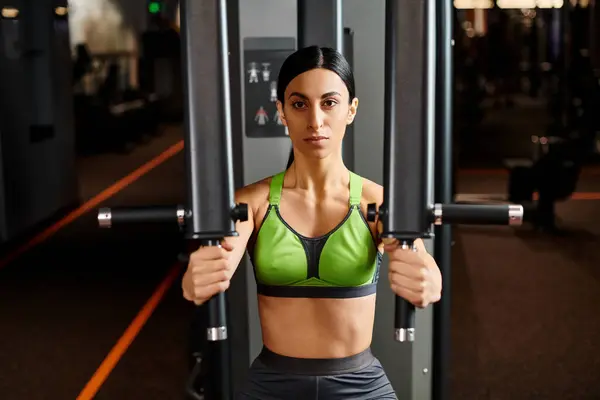 Atlético boa aparência mulher no sportwear exercício no peito imprensa máquina e olhando para a câmera — Fotografia de Stock