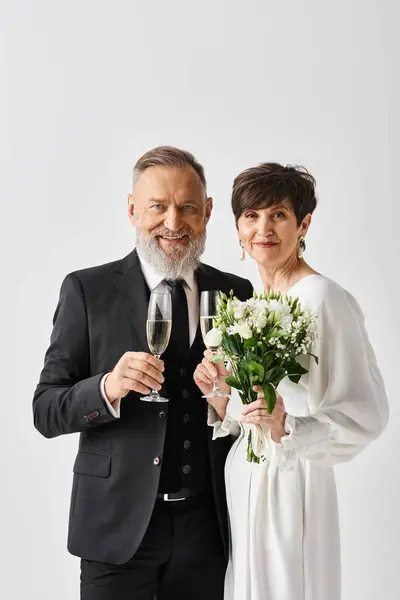 A middle-aged bride and groom in wedding gowns stand side by side, holding wine glasses as they toast to their special day. — Stock Photo