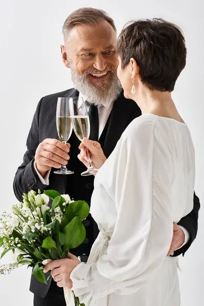 Braut und Bräutigam mittleren Alters in Hochzeitskleidung klappern Champagnergläser in einem Studio-Ambiente und feiern ihren besonderen Tag. — Stockfoto
