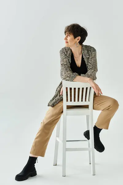 A middle-aged woman with short hair sits gracefully on a white chair in a stylish studio setting. — Stock Photo