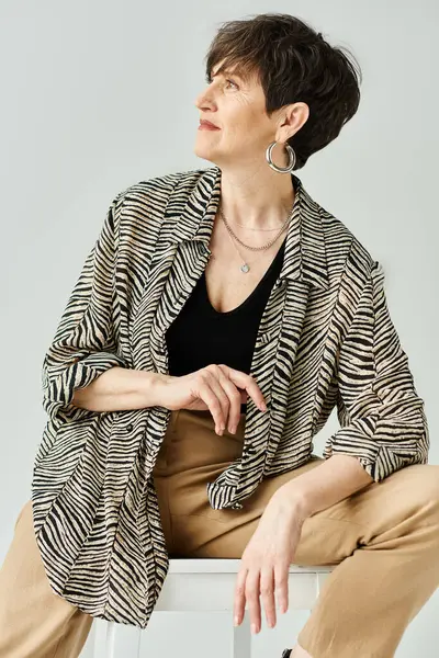 Жінка середнього віку з коротким волоссям, одягнена в стильний одяг, сидить витончено на вершині мінімалістичного білого табурета в студійній обстановці. — стокове фото