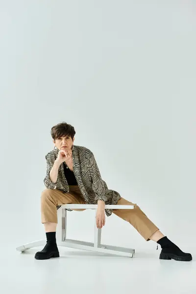 A middle-aged woman sitting gracefully atop a white chair in a stylish setting, exuding elegance and poise. — Stock Photo