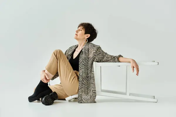 Stylishly attired middle aged woman with short hair sits on ground, legs crossed, exuding a sense of peace and introspection. — Stock Photo