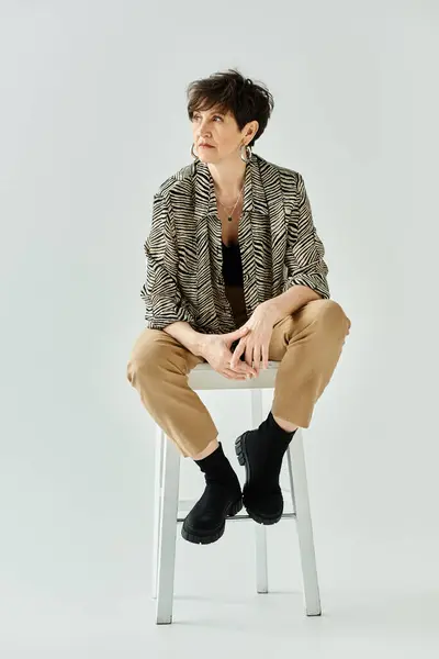 A middle aged woman with stylish attire and short hair gracefully perched on top of a white stool in a studio setting. — Stock Photo